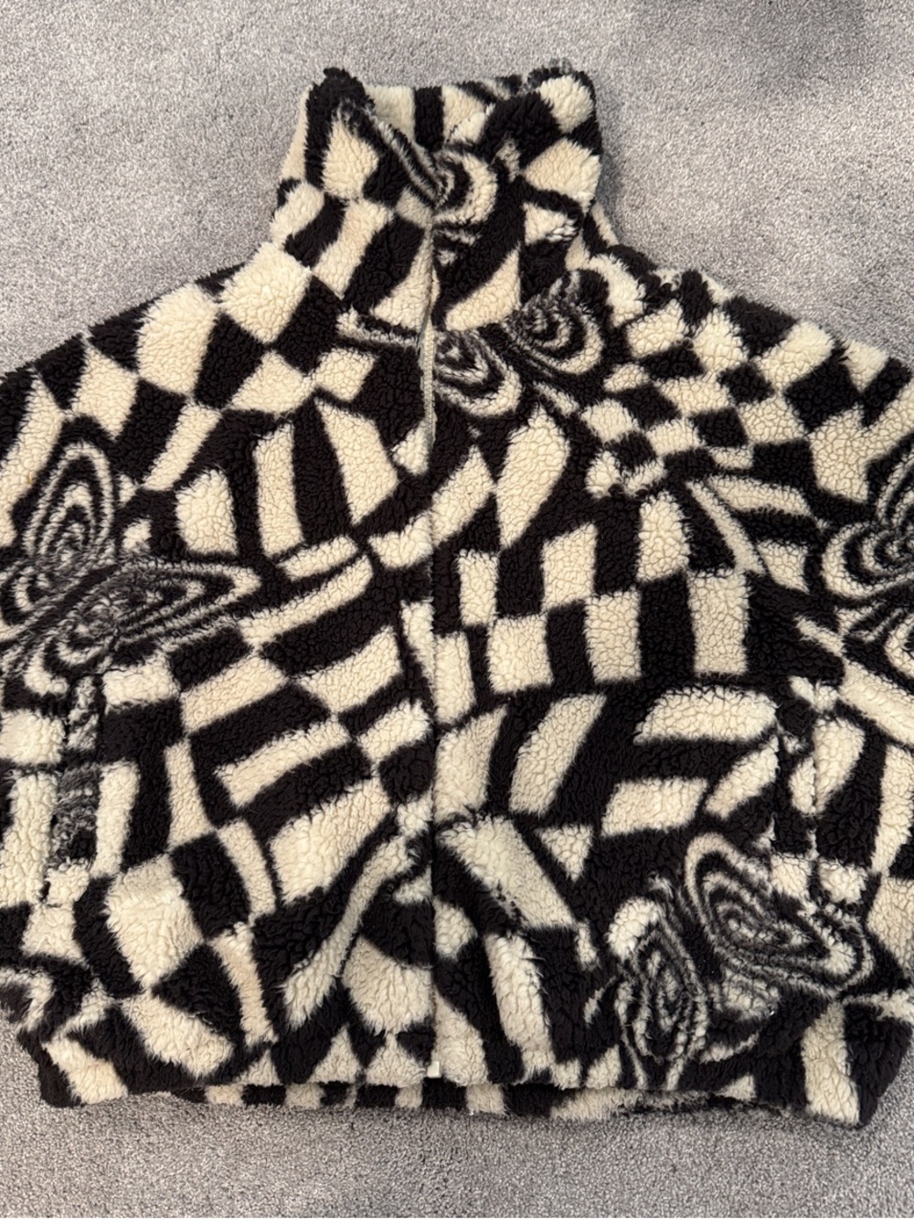 Urban Outfitters Black & Cream Checker Fleece Cropped Jacket w/ Butterfly Motif